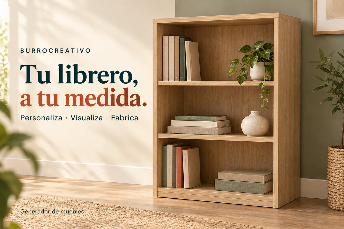 Librero de madera con dos repisas interiores y tres espacios, ejemplo de un mueble que puedes personalizar en BurroCreativo.